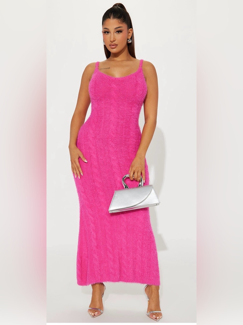 Fashion Nova Hot Pink Fuzzy Strap Maxi Dress